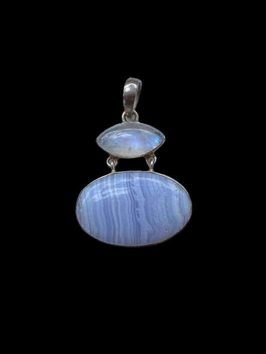 Blue Lace Agate and Moonstone Pendant in Sterling Silver