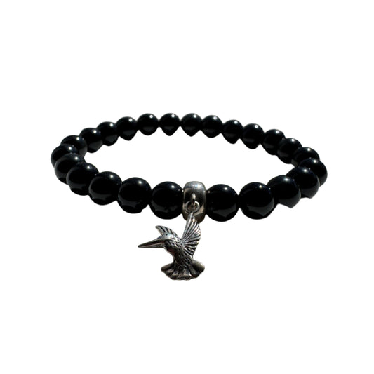 Crystal Bracelet - Black Onyx with Sterling Silver Hummingbird Charm