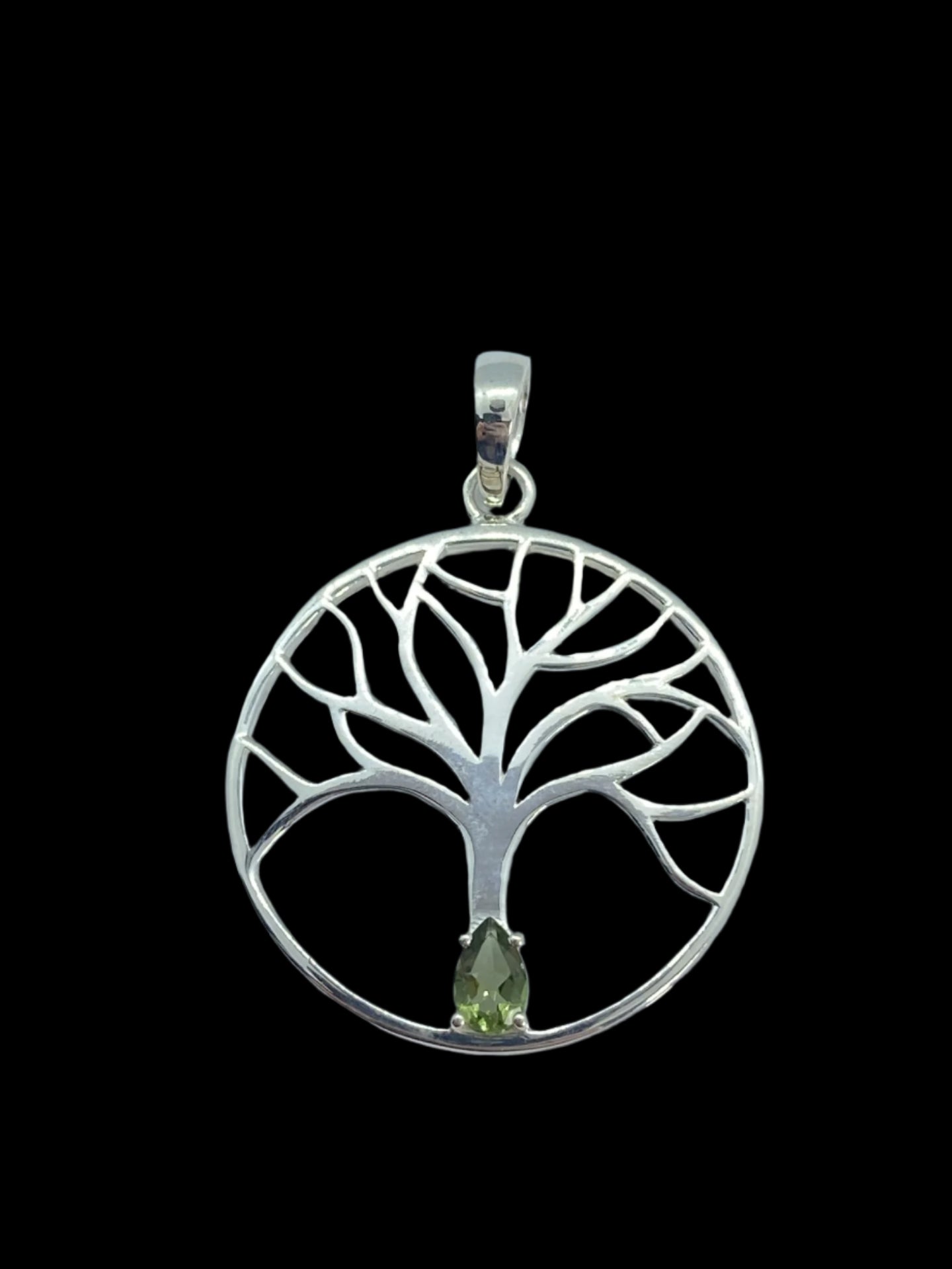 Moldavite Crystal Set in Sterling Silver Tree of Life Pendant
