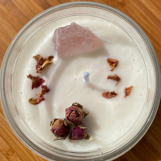 Rose Candle with Rough Rose Quartz Crystal