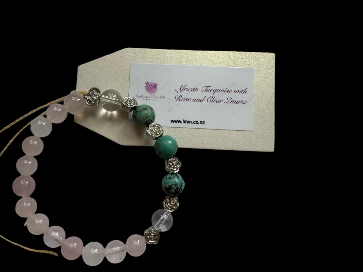 Rose Quartz, Clear Quartz & African Turquoise Bracelet with Silver-Coloured Roses