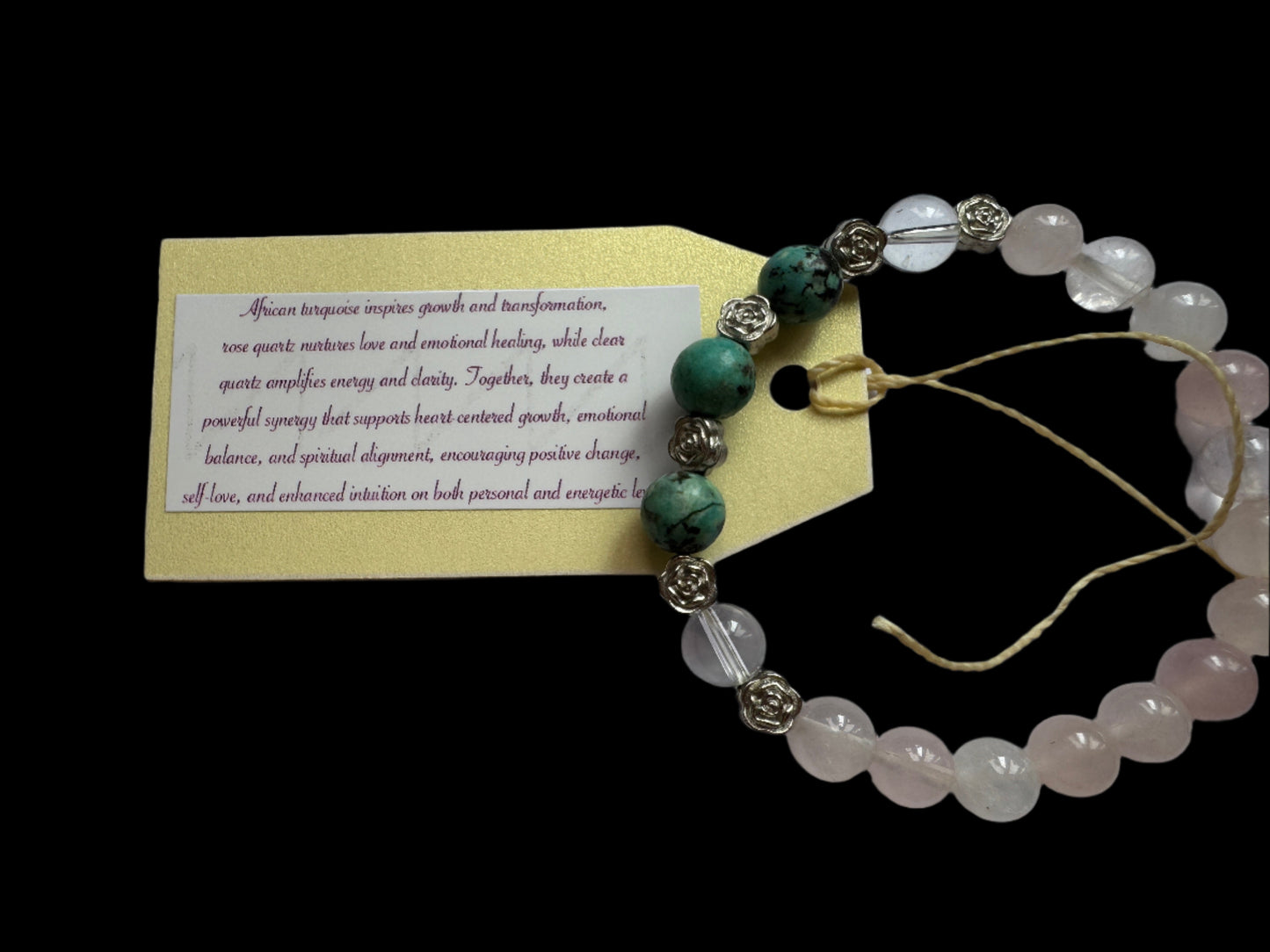 Rose Quartz, Clear Quartz & African Turquoise Bracelet with Silver-Coloured Roses
