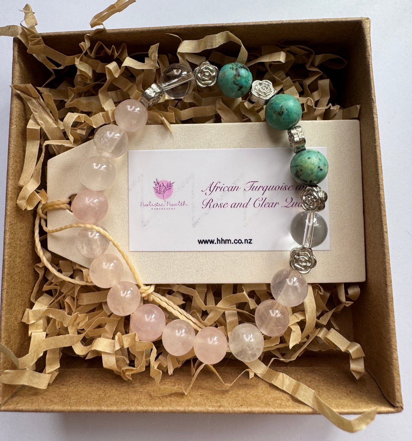 Rose Quartz, Clear Quartz & African Turquoise Bracelet with Silver-Coloured Roses