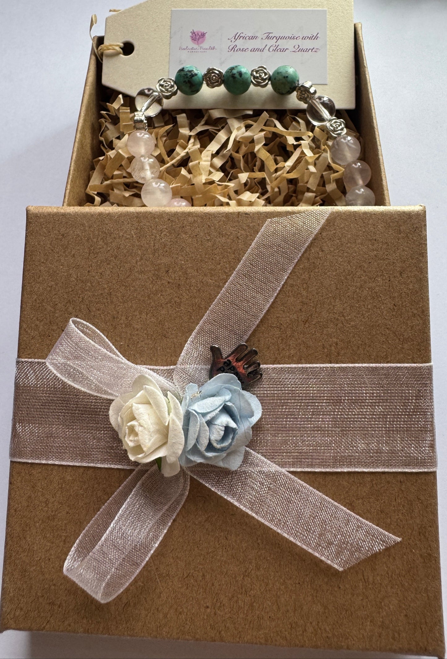 Rose Quartz, Clear Quartz & African Turquoise Bracelet with Silver-Coloured Roses